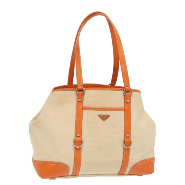 PRADA Tote Bag Canvas Leather Beige Orange Silver  bs19186