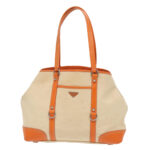 PRADA Tote Bag Canvas Leather Beige Orange Silver  bs19186