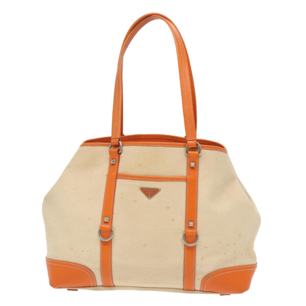 PRADA Tote Bag Canvas Leather Beige Orange Silver  bs19186