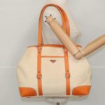 PRADA Tote Bag Canvas Leather Beige Orange Silver  bs19186