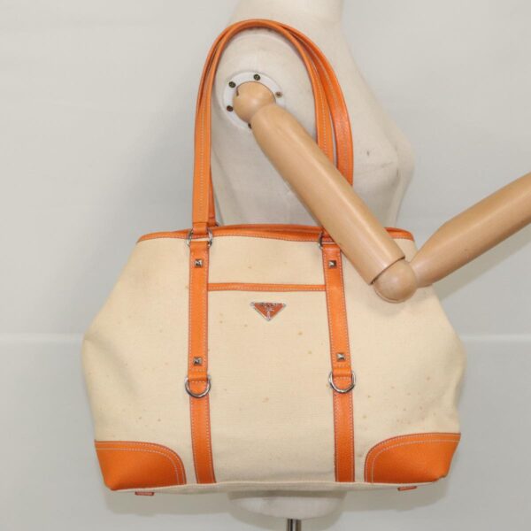 PRADA Tote Bag Canvas Leather Beige Orange Silver  bs19186