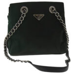 PRADA Chain Shoulder Bag Nylon Leather Khaki Dark Brown Silver  bs19187