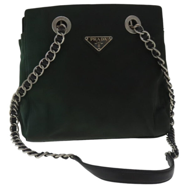 PRADA Chain Shoulder Bag Nylon Leather Khaki Dark Brown Silver  bs19187