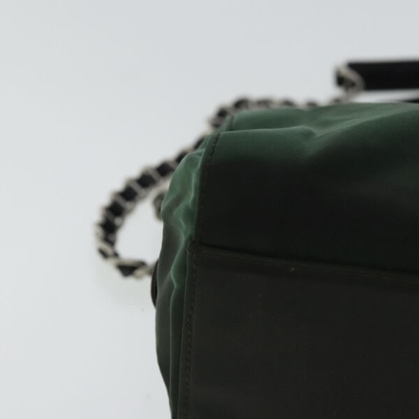 PRADA Chain Shoulder Bag Nylon Leather Khaki Dark Brown Silver  bs19187