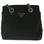 PRADA Chain Shoulder Bag Nylon Leather Khaki Dark Brown Silver  bs19187