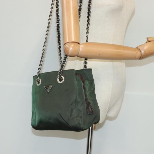 PRADA Chain Shoulder Bag Nylon Leather Khaki Dark Brown Silver  bs19187