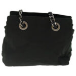 PRADA Chain Shoulder Bag Nylon Leather Khaki Dark Brown Silver  bs19187