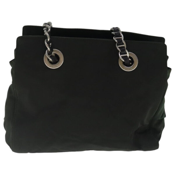 PRADA Chain Shoulder Bag Nylon Leather Khaki Dark Brown Silver  bs19187