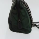 PRADA Chain Shoulder Bag Nylon Leather Khaki Dark Brown Silver  bs19187