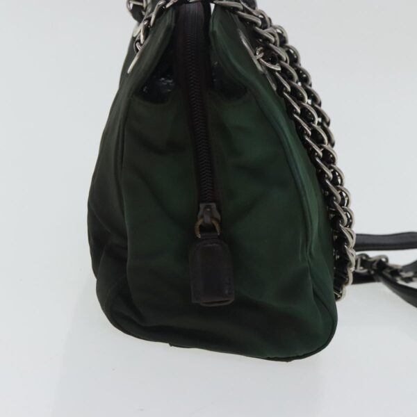 PRADA Chain Shoulder Bag Nylon Leather Khaki Dark Brown Silver  bs19187