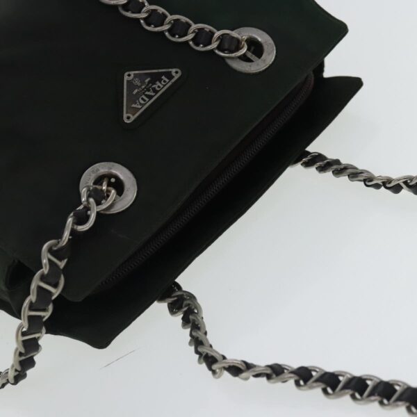 PRADA Chain Shoulder Bag Nylon Leather Khaki Dark Brown Silver  bs19187