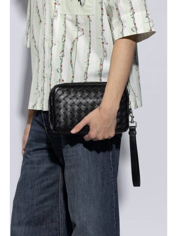 Bottega Veneta Intrecciato Zipper Leather Pouch Bag Black